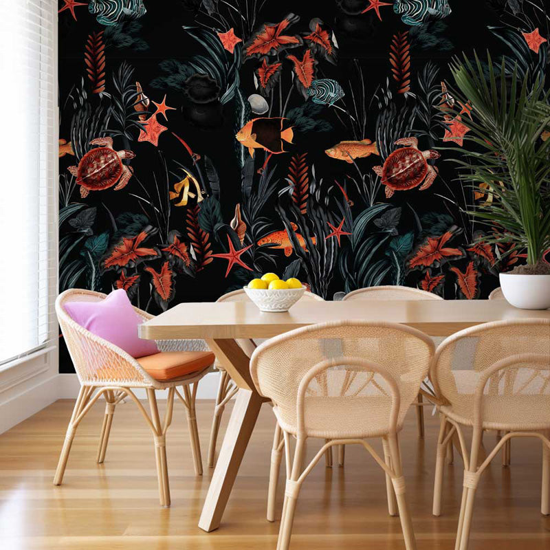 Dining room with a table and chairs in front of a vibrant, nature wall mural.