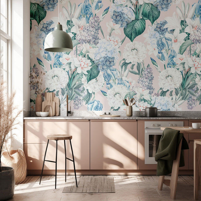 Kitchen with floral wallpaper and wooden furniture