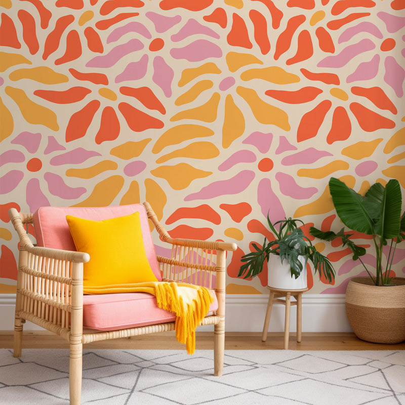 Sunburst Bloom – Abstract Floral Wallpaper in Peach & Yellow