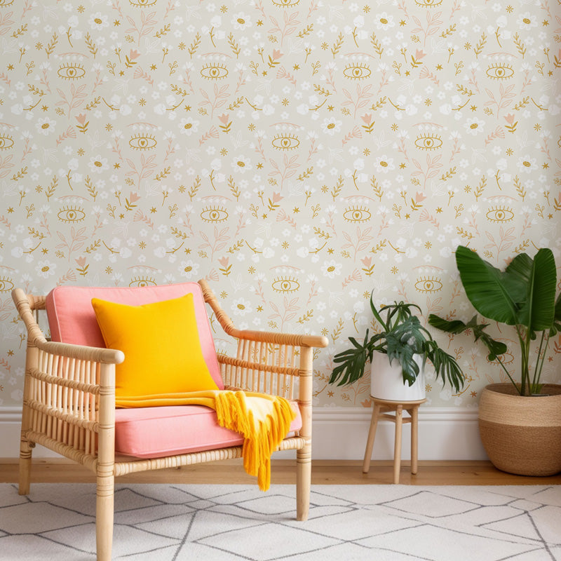 Golden Meadow – Whimsical Floral Wallpaper in Soft Neutrals
