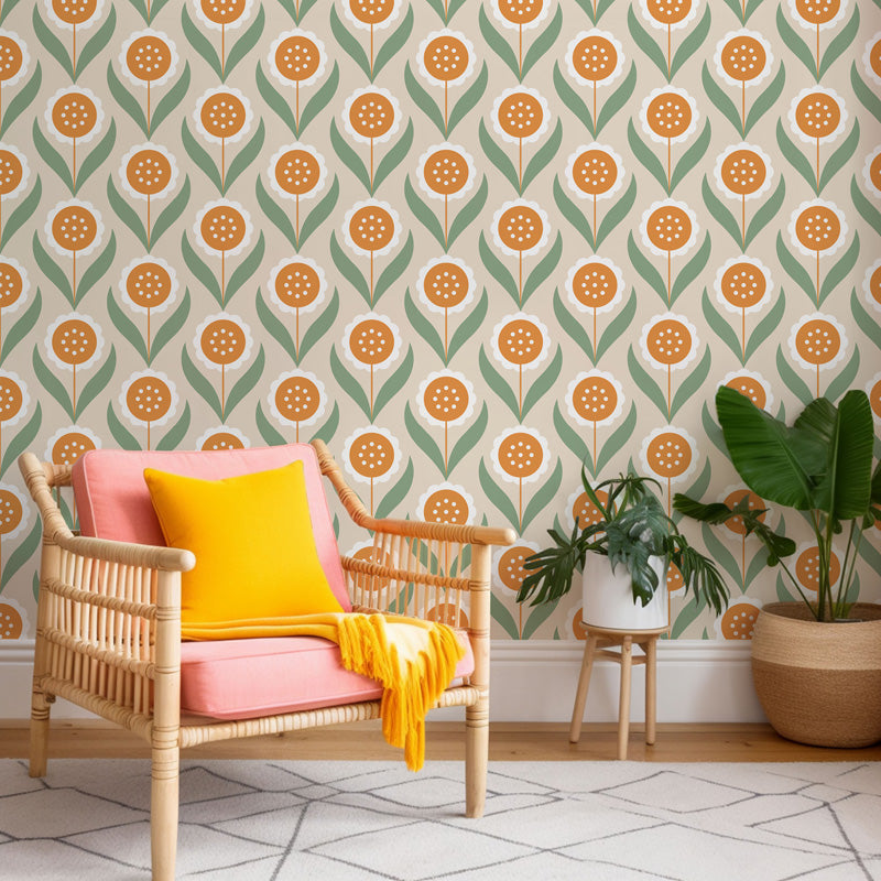 Folk Petal – Retro Floral Wallpaper in Warm Neutrals