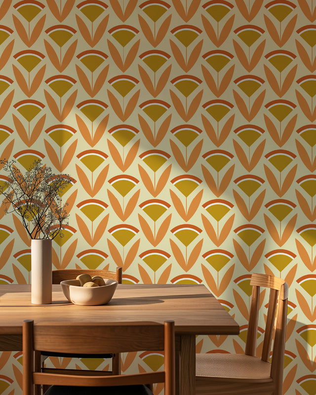Harvest Fan – Retro Geometric Wallpaper in Warm Ochre