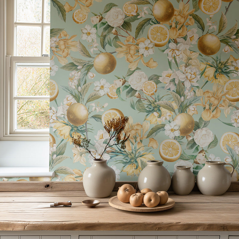 Kitchen counter with decorative vases and a plate of fruits against a floral wallpaper.
