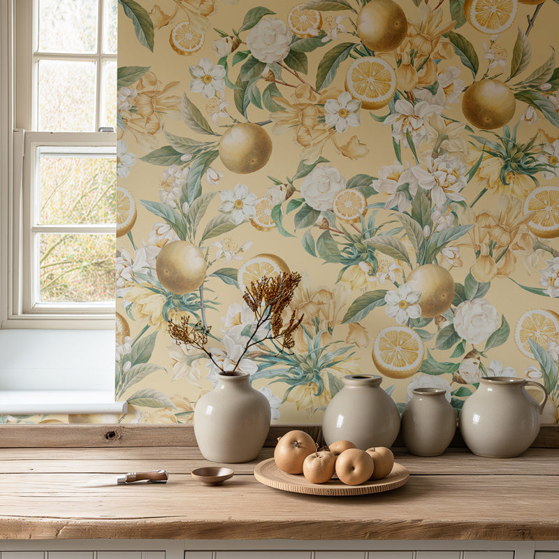 Cottage wallpaper in a room with a window and wooden table.