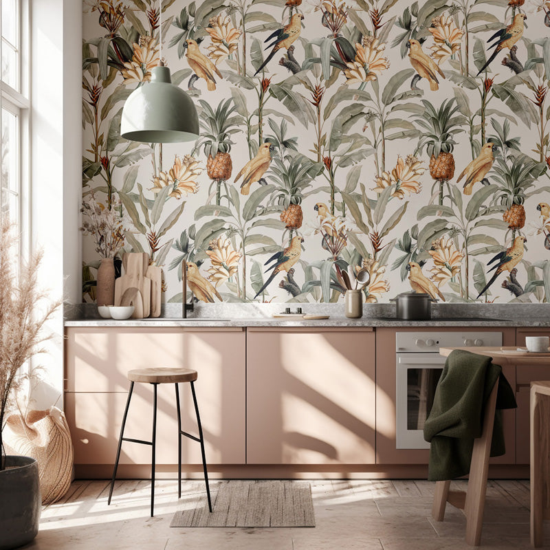 Modern kitchen with tropical wallpaper featuring birds and plants