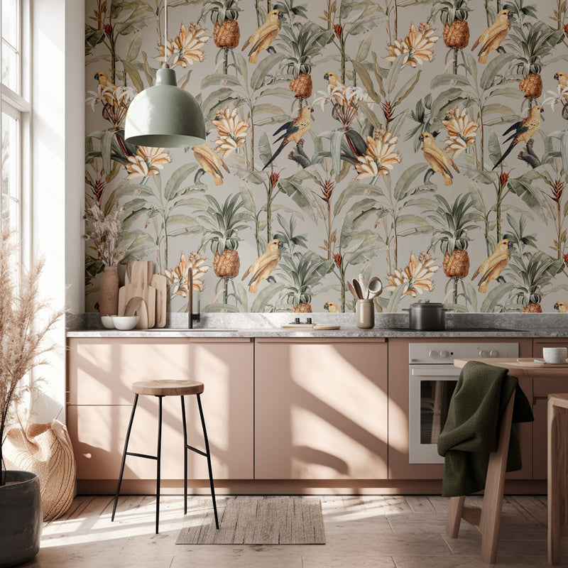 Modern kitchen with floral australian wallpaper, wooden cabinets, and a bar stool.
