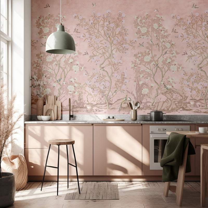 Modern kitchen with chinoiserie wallpaper and wooden furniture