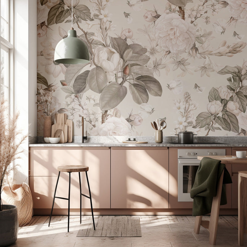 Modern kitchen with floral wallpaper and wooden furniture