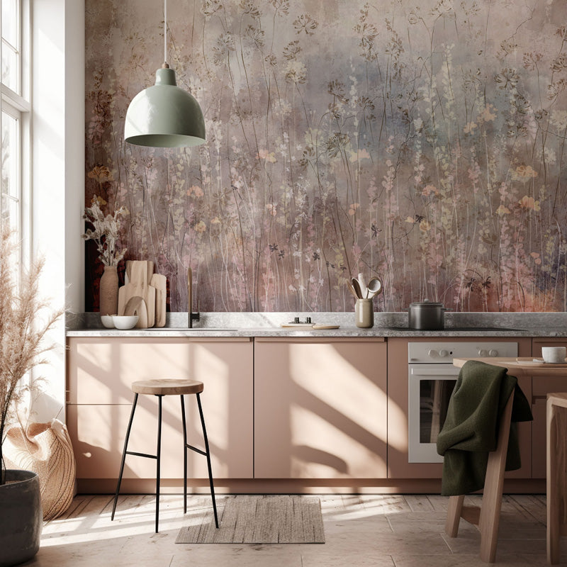 Modern kitchen with floral wallpaper and wooden accents