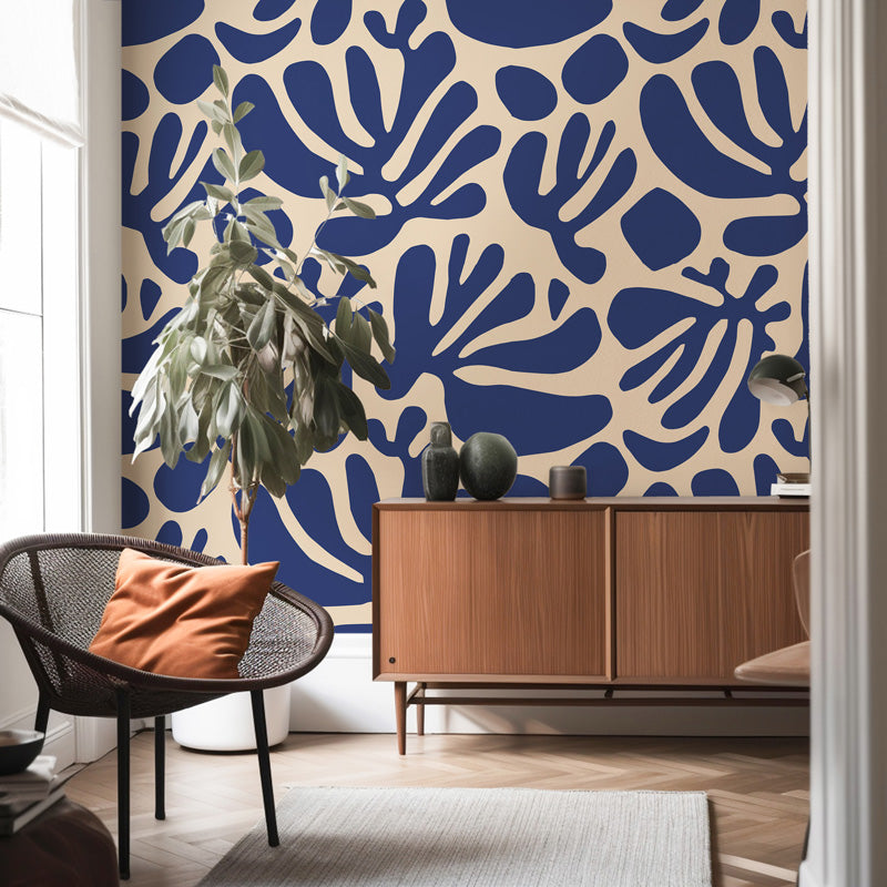 Indigo Canopy – Abstract Leaf Wallpaper in Blue & Beige