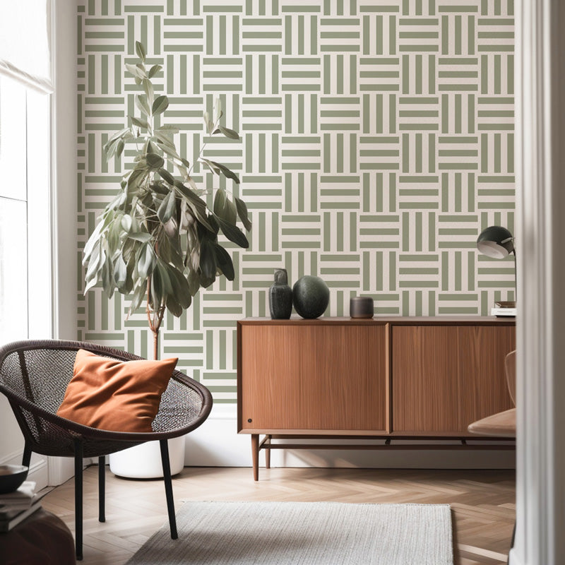 Sage Grid Weave – Geometric Wallpaper in Soft Green