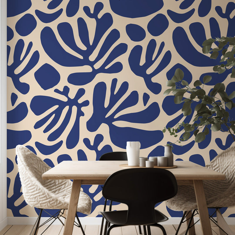 Indigo Canopy – Abstract Leaf Wallpaper in Blue & Beige