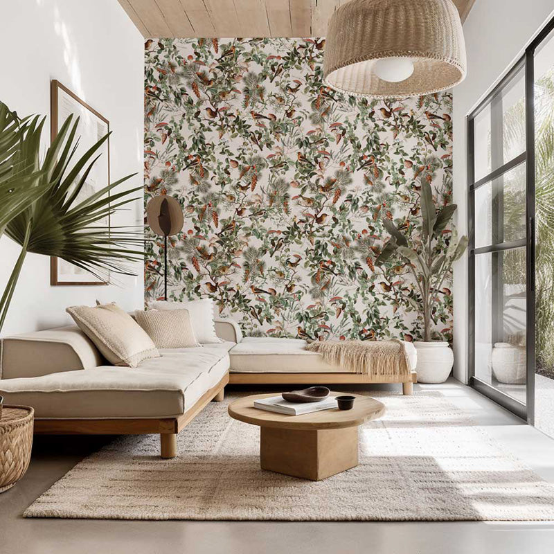 Modern living room with floral wallpaper, beige sofa, and wooden coffee table.