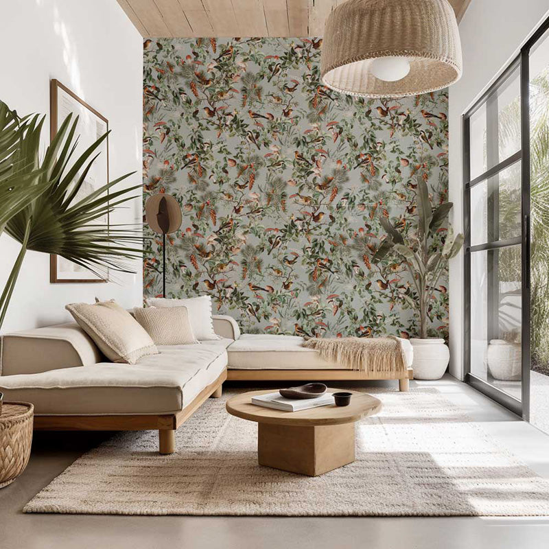 Modern living room with floral wallpaper, beige sectional sofa, and wooden coffee table.