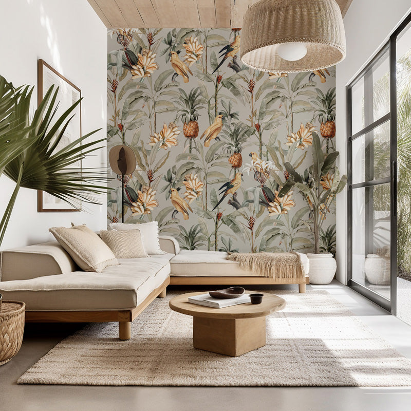 Modern living room with floral wallpaper, beige sofa, and wooden coffee table.