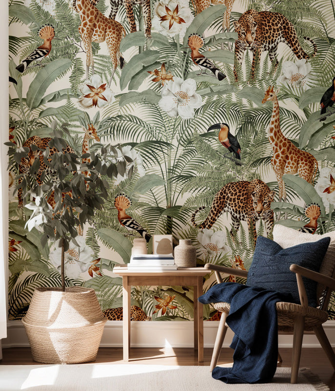 Savannah Reverie – Jungle Animals Wallpaper in Green & Neutrals