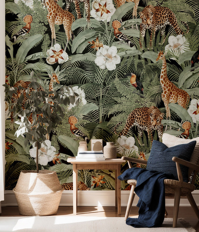 Savannah Reverie – Jungle Animals Wallpaper in Green & Neutrals