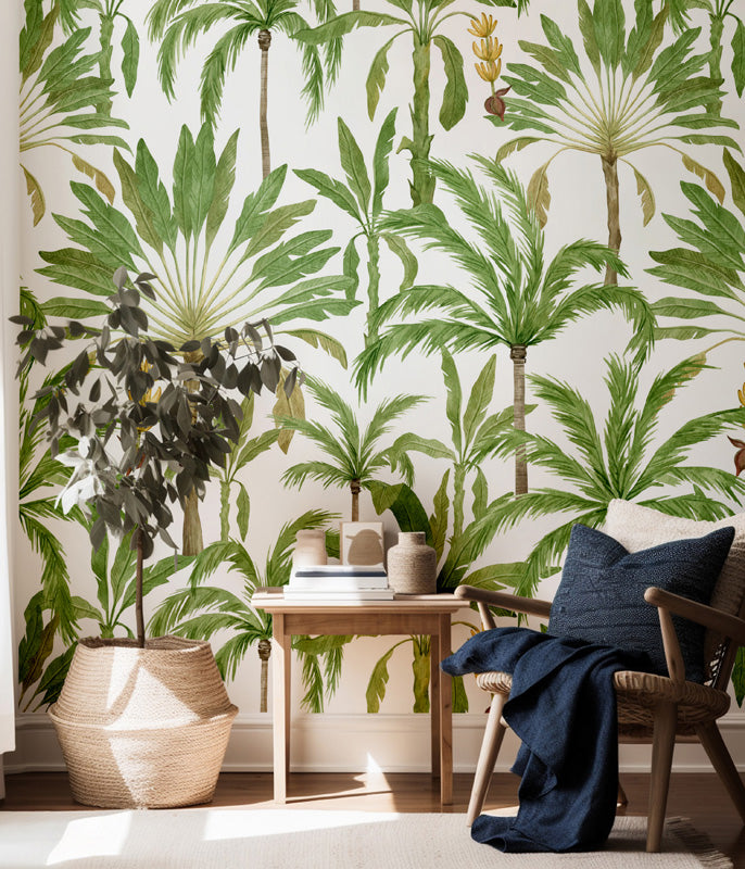 Living room with palm tree wallpaper, wooden chair, and decorative items.