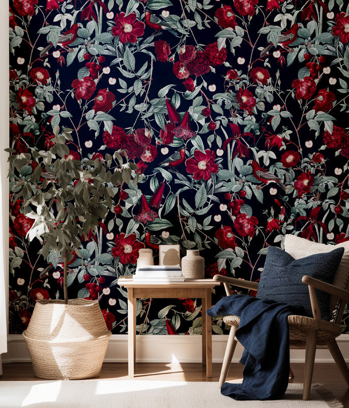 Living room with floral wallpaper, wooden chair, and decorative items.