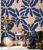 Midnight Bloom – Abstract Floral Wallpaper in Blue and Blush