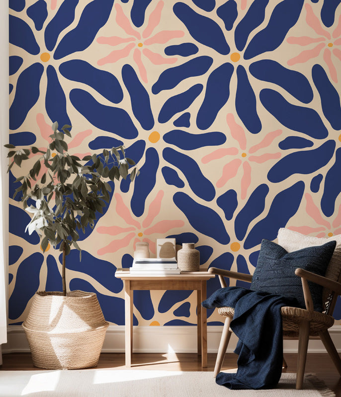 Midnight Bloom – Abstract Floral Wallpaper in Blue and Blush