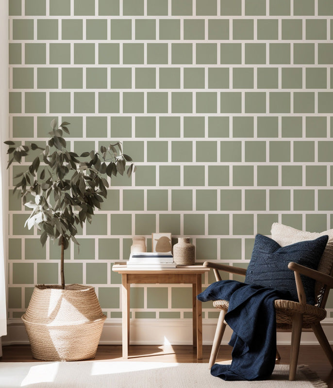 Sage Block Brick – Geometric Wallpaper in Soft Green