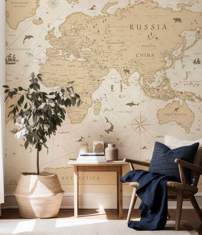 Vintage Explorer World Map – Mural in Antique Beige