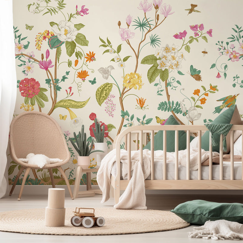 Children's room with floral wallpaper, wooden crib, and decorative elements.