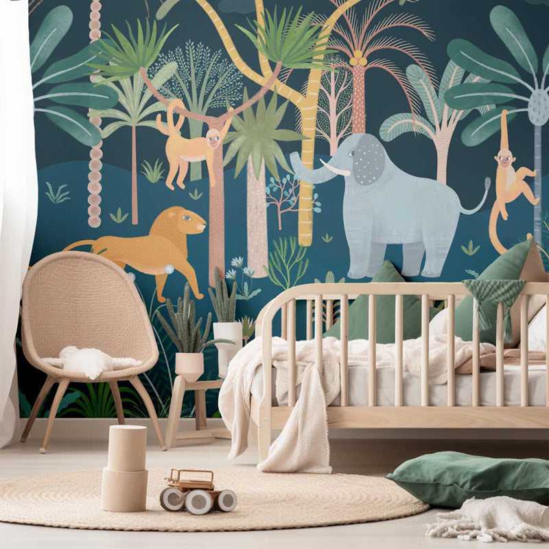 Savannah Dreams – Kids Jungle Mural in Blue & Yellow