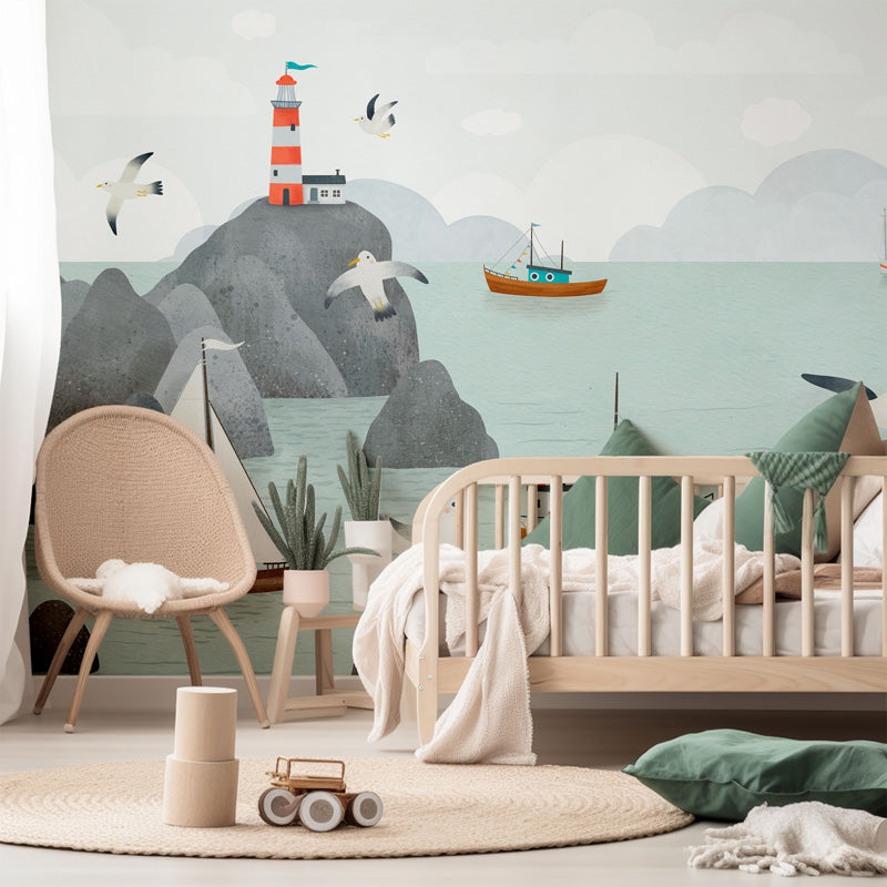 Coastal Lighthouse Harbour – Kids Mural in Soft Blue