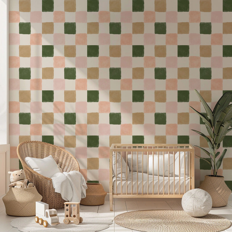 Soft Checkerboard Wallpaper – Hand-Painted Squares Design