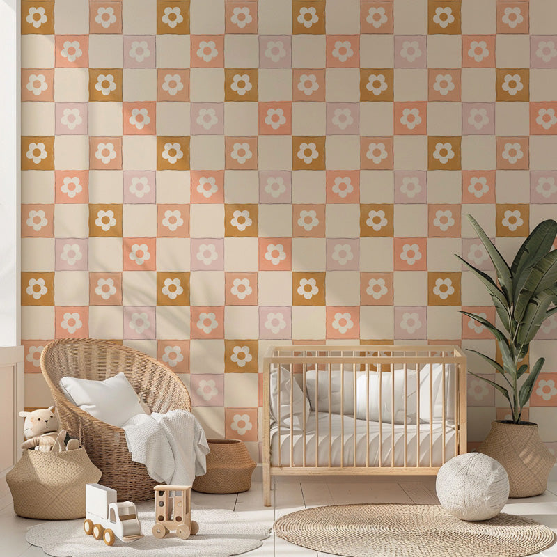 Nursery room with floral wallpaper, crib, and decorative items.