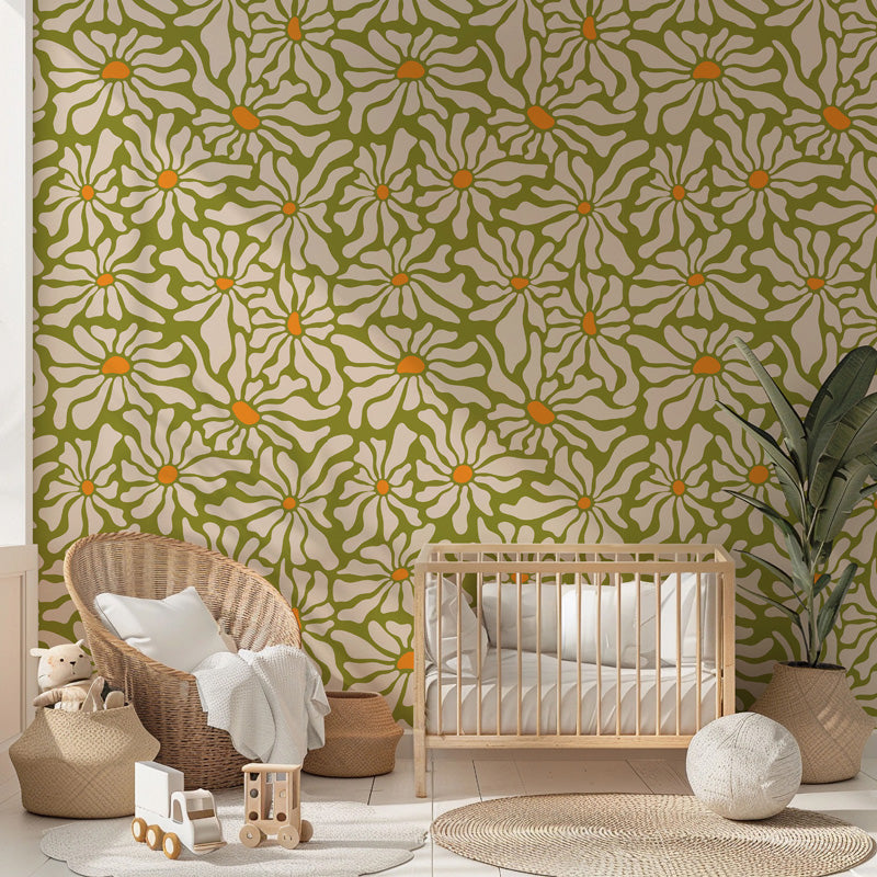 Retro Daisy Wave Floral Wallpaper – Bold Botanical Design
