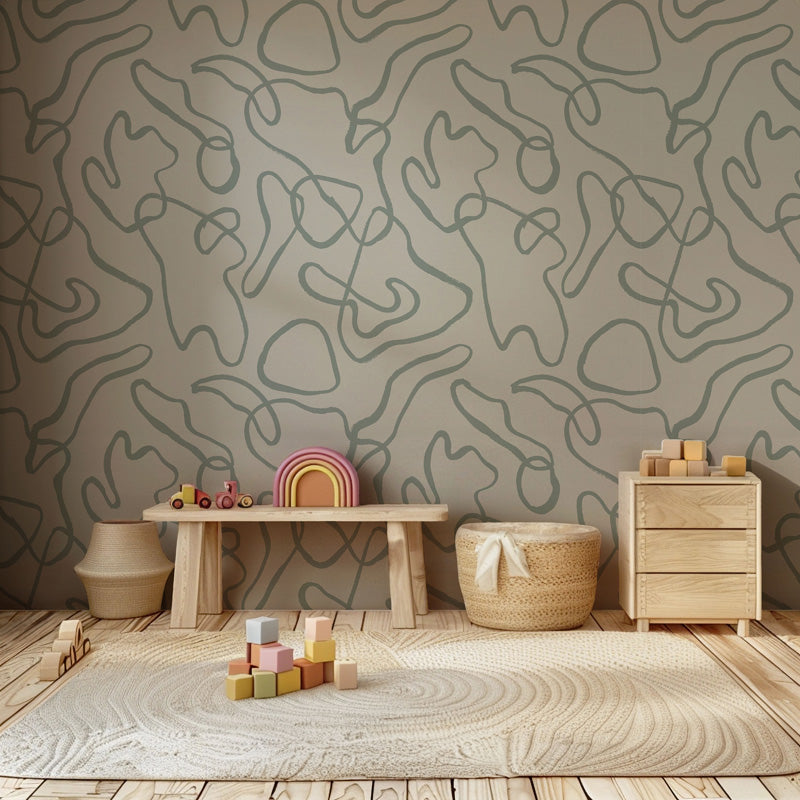 Children's playroom with wooden furniture, toys, and a geometric wallpaper.