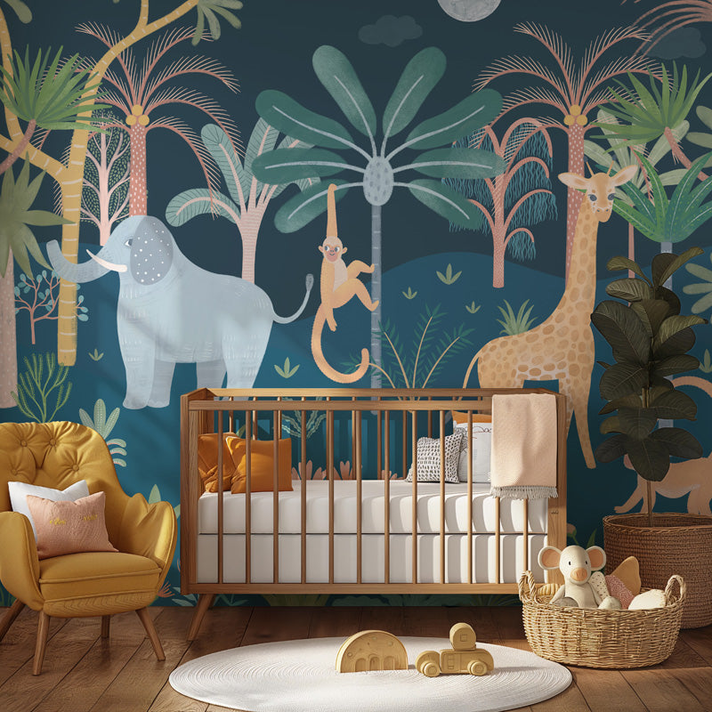 Savannah Dreams – Kids Jungle Mural in Blue & Yellow
