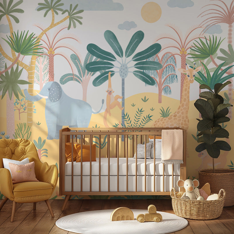 Savannah Dreams – Kids Jungle Mural in Blue & Yellow