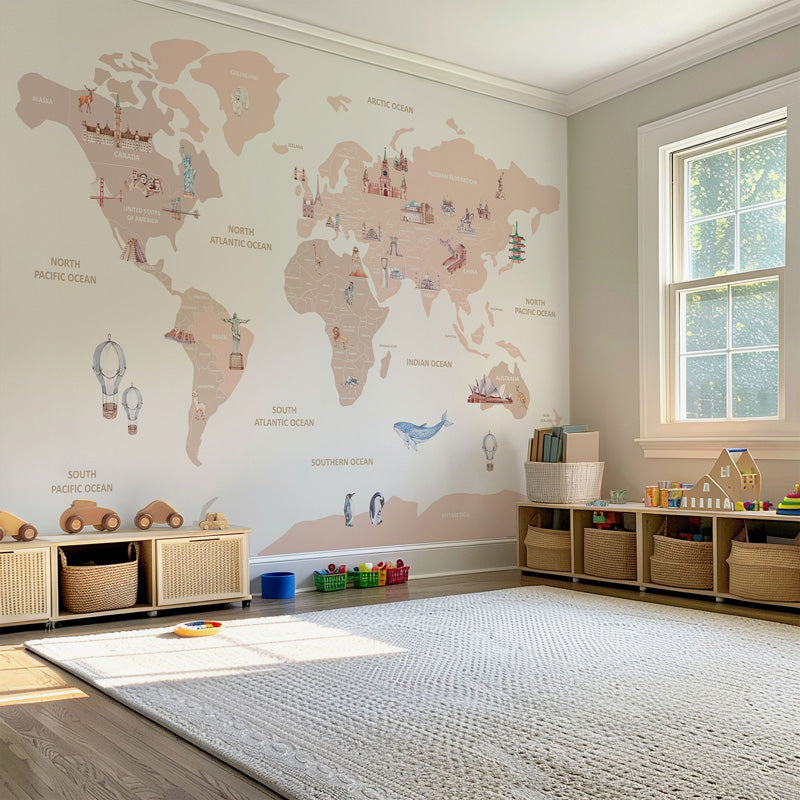 Soft Illustrated World Map Mural – Pastel Educational Design