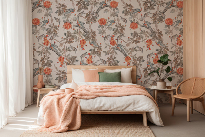 Bedroom with floral wallpaper, bed with pink blanket, and wooden chair.
