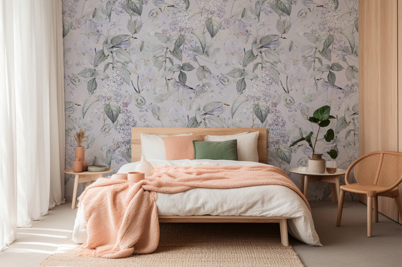 Bedroom with floral wallpaper, wooden bed, and peach blanket