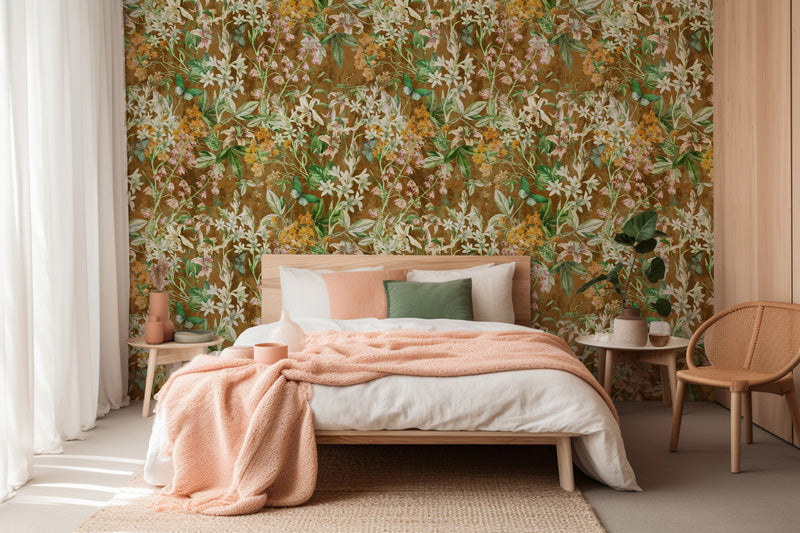 Bedroom with floral wallpaper, bed with pink blanket, and wooden furniture.