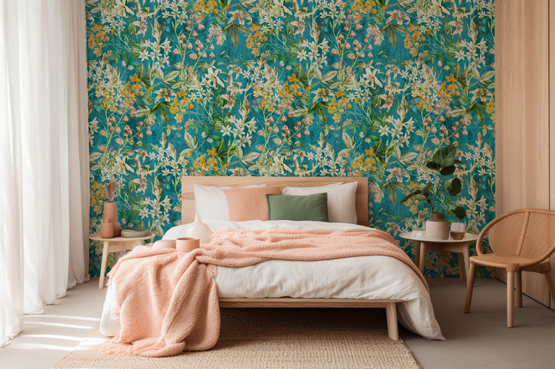 Bedroom with floral wallpaper, bed with pink blanket, and wooden chair.