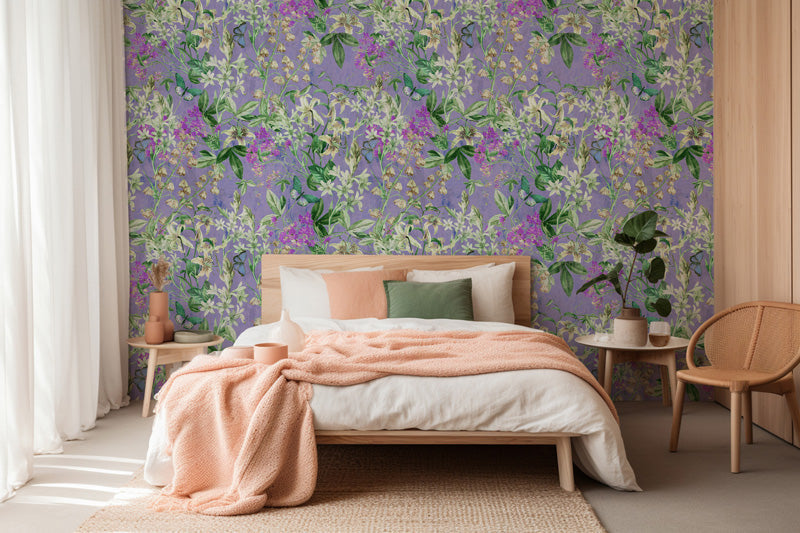 Bedroom with floral wallpaper, bed, and side tables.