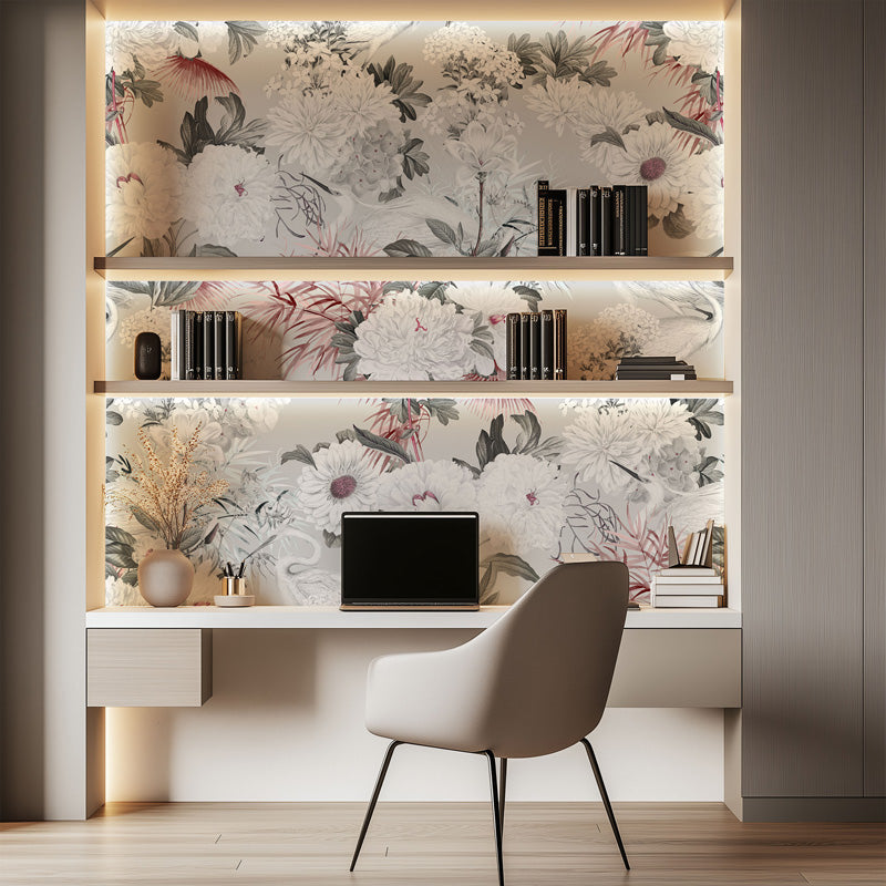Modern home office with floral wallpaper, shelves, and a desk.