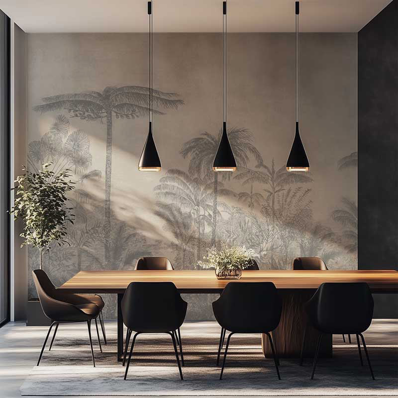 Modern dining room with a long wooden table and black chairs, featuring pendant lights and an elegant wallpaper mural.