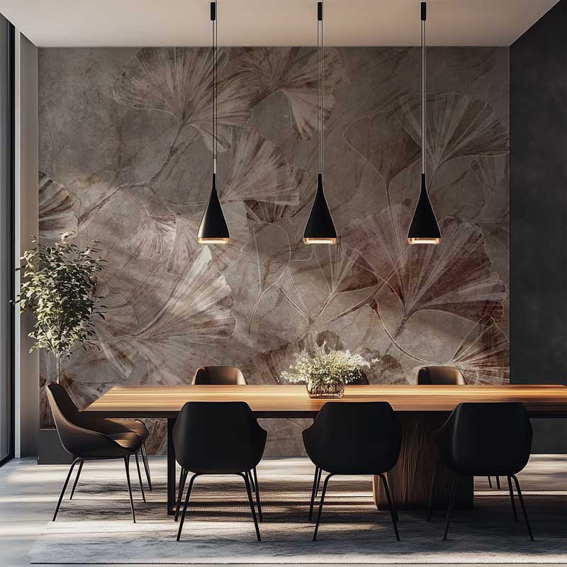 Dining room with a large wall mural, wooden table, and modern chairs.