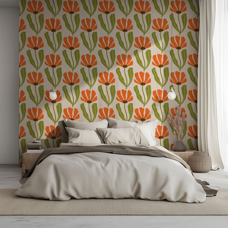 Marigold Folk Floral Wallpaper – Retro Botanical Design
