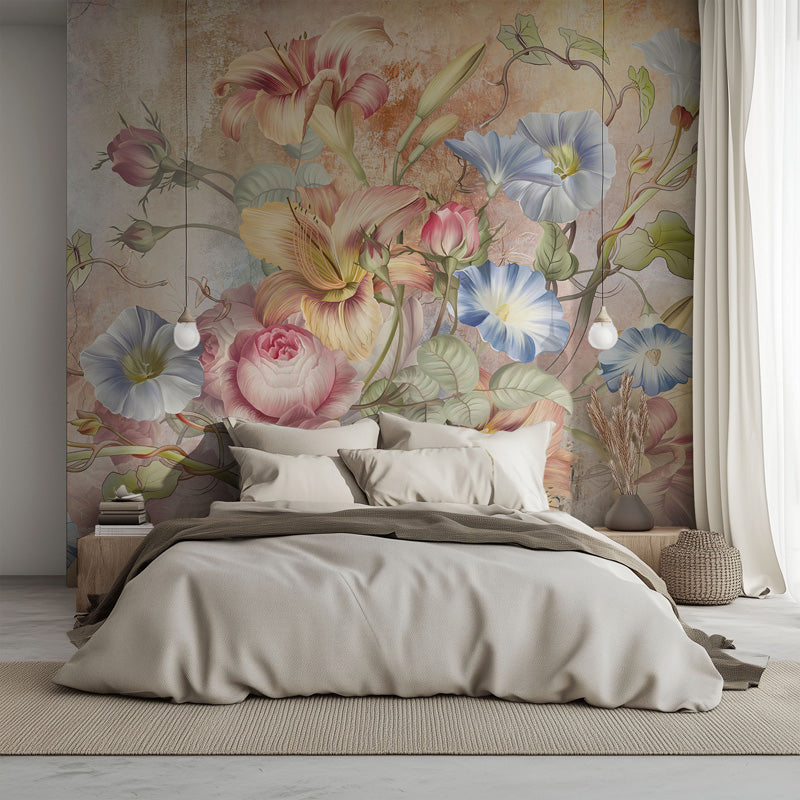 Bedroom with floral wallpaper and neutral bedding