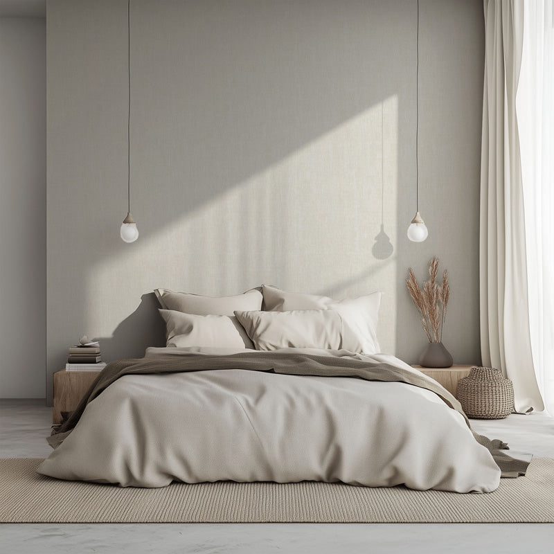 Neutral bedroom styled with Kaleon Soft Linen beige textured-look wallpaper