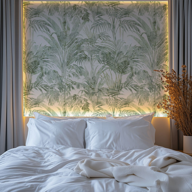 Bedroom with tropical leaf wallpaper, headboard and white bedding