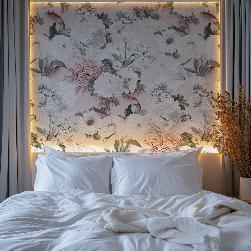 Bedroom with floral wallpaper.